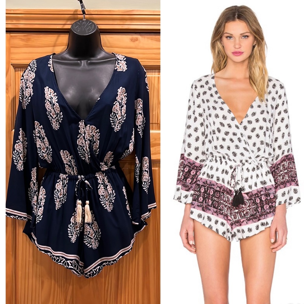REVERSE ‘Day In The Sun’ Navy, Cream, and Beige Print Flared Long Sleeve Romper